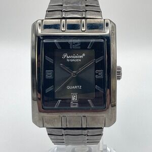 Gruen Precision Mens Watch 35mm Black Date Stretch Band Tank New Battery 7.25"